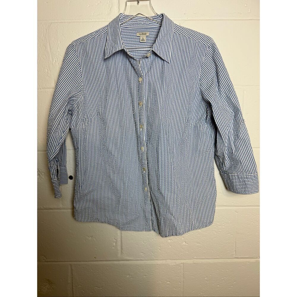 L.L.Bean Blue White Seersucker Stripe Button Front Shirt Women’s Large Coastal P